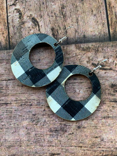 Black and White Buffalo Check Round Cork Leather Earring - Jill's Jewels | Unique, Handcrafted, Trendy, And Fun Jewelry