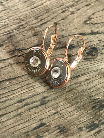 Rose gold lever back earrings with 45 Auto bullets - Jill's Jewels | Unique, Handcrafted, Trendy, And Fun Jewelry