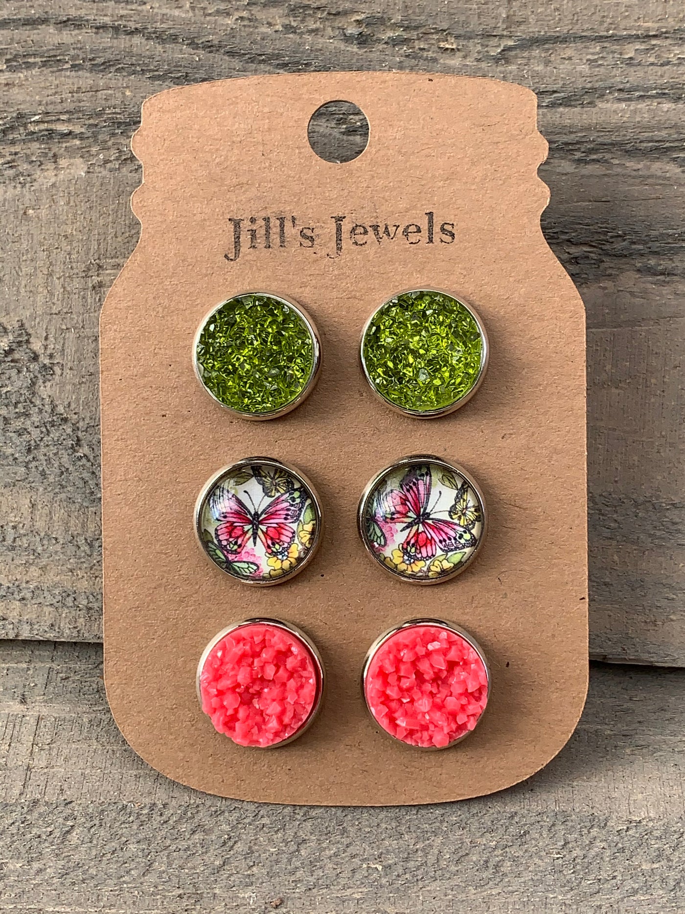Coral and Green Butterfly Faux Druzy Earring 3 Set - Jill's Jewels | Unique, Handcrafted, Trendy, And Fun Jewelry