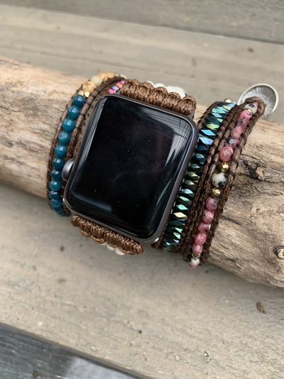 Brown, Teal, Cream and Pink Beaded Smart Watch Wrap Bracelet - Jill's Jewels | Unique, Handcrafted, Trendy, And Fun Jewelry
