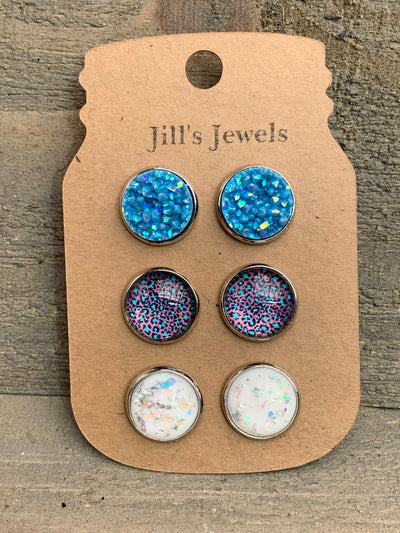 Blue and Grey Leopard Print Faux Druzy Earring 3 Set - Jill's Jewels | Unique, Handcrafted, Trendy, And Fun Jewelry