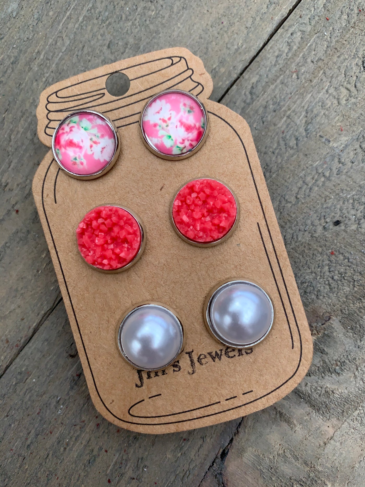 Pearl and Cork Pink Floral Faux Druzy Earring 3 Set - Jill's Jewels | Unique, Handcrafted, Trendy, And Fun Jewelry