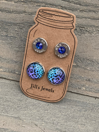 Blue and Purple Leopard 40 Caliber bullet earring set - Jill's Jewels | Unique, Handcrafted, Trendy, And Fun Jewelry