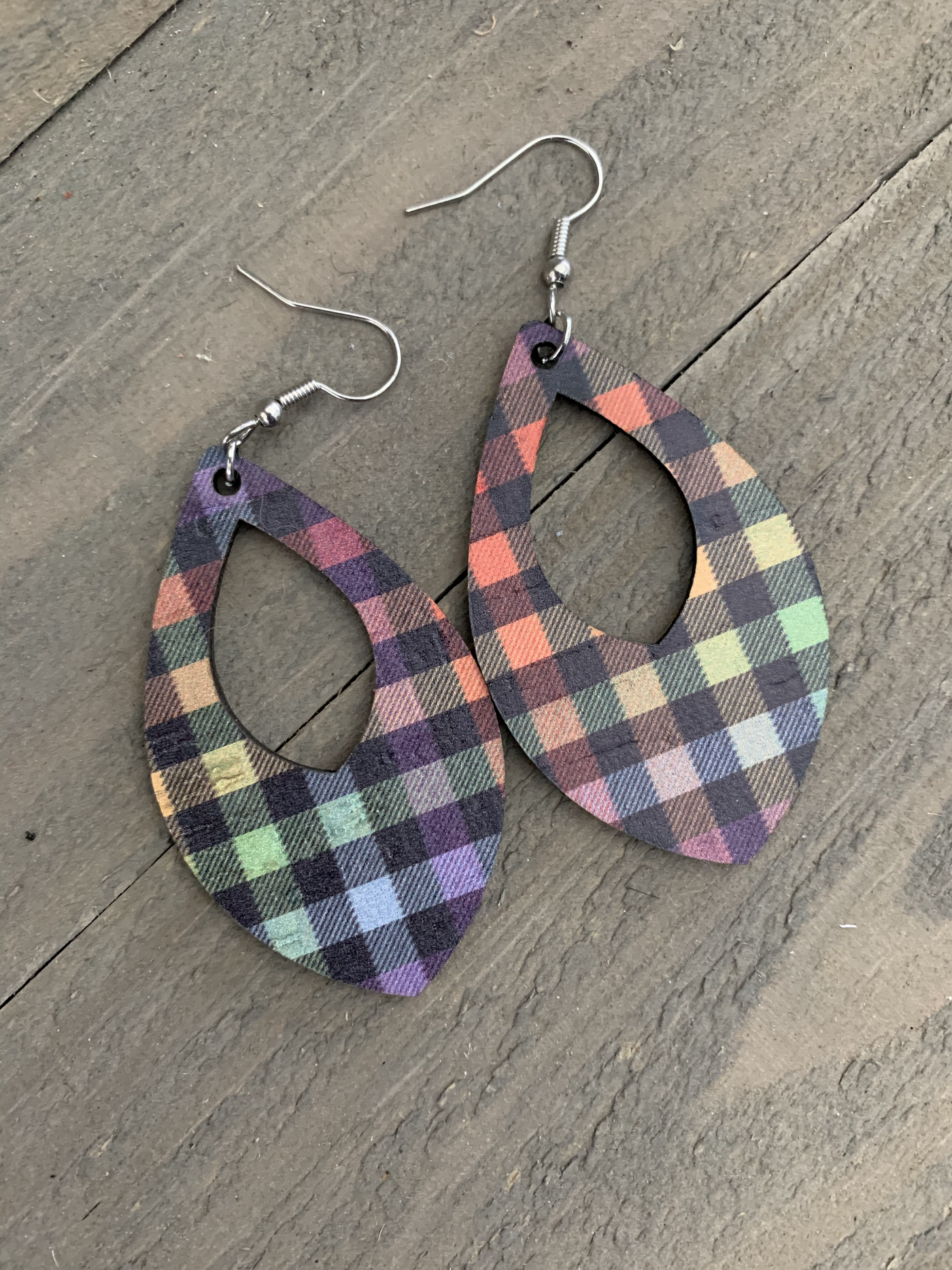 Rainbow and Black Plaid Cork Teardrop Earring - Jill's Jewels | Unique, Handcrafted, Trendy, And Fun Jewelry