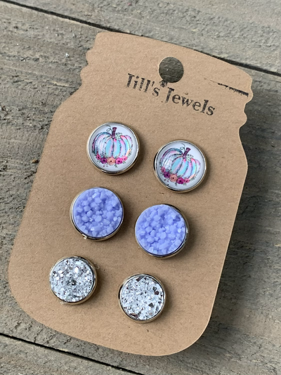 Purple Fall Pumpkin Faux Druzy Earring 3 Set - Jill's Jewels | Unique, Handcrafted, Trendy, And Fun Jewelry