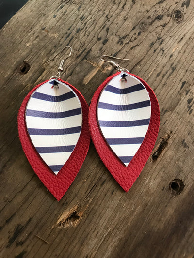 Red Leather earrings with blue and white stripes - Jill's Jewels | Unique, Handcrafted, Trendy, And Fun Jewelry