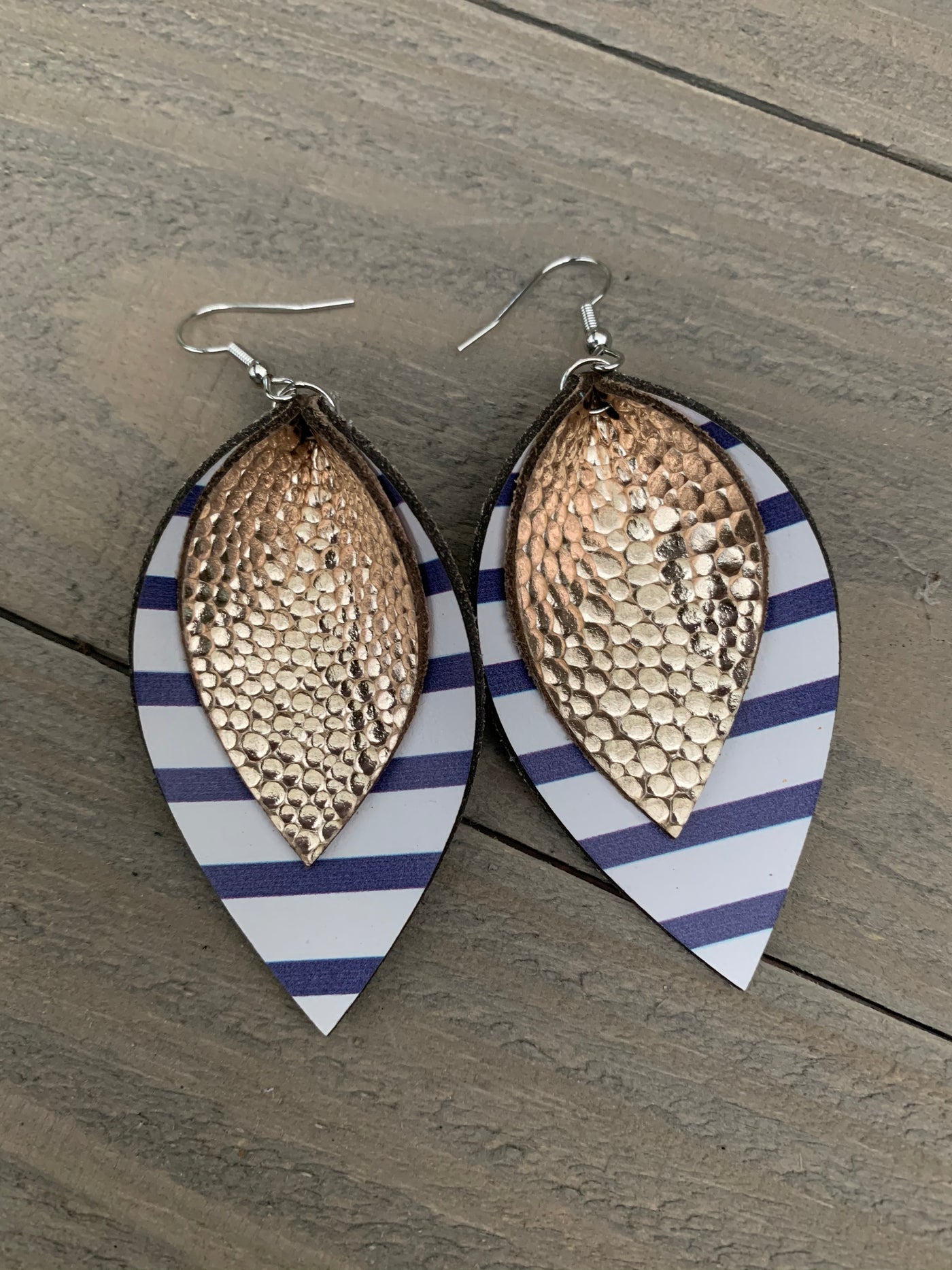 Blue and White Stipe with Gold leather earrings - Jill's Jewels | Unique, Handcrafted, Trendy, And Fun Jewelry