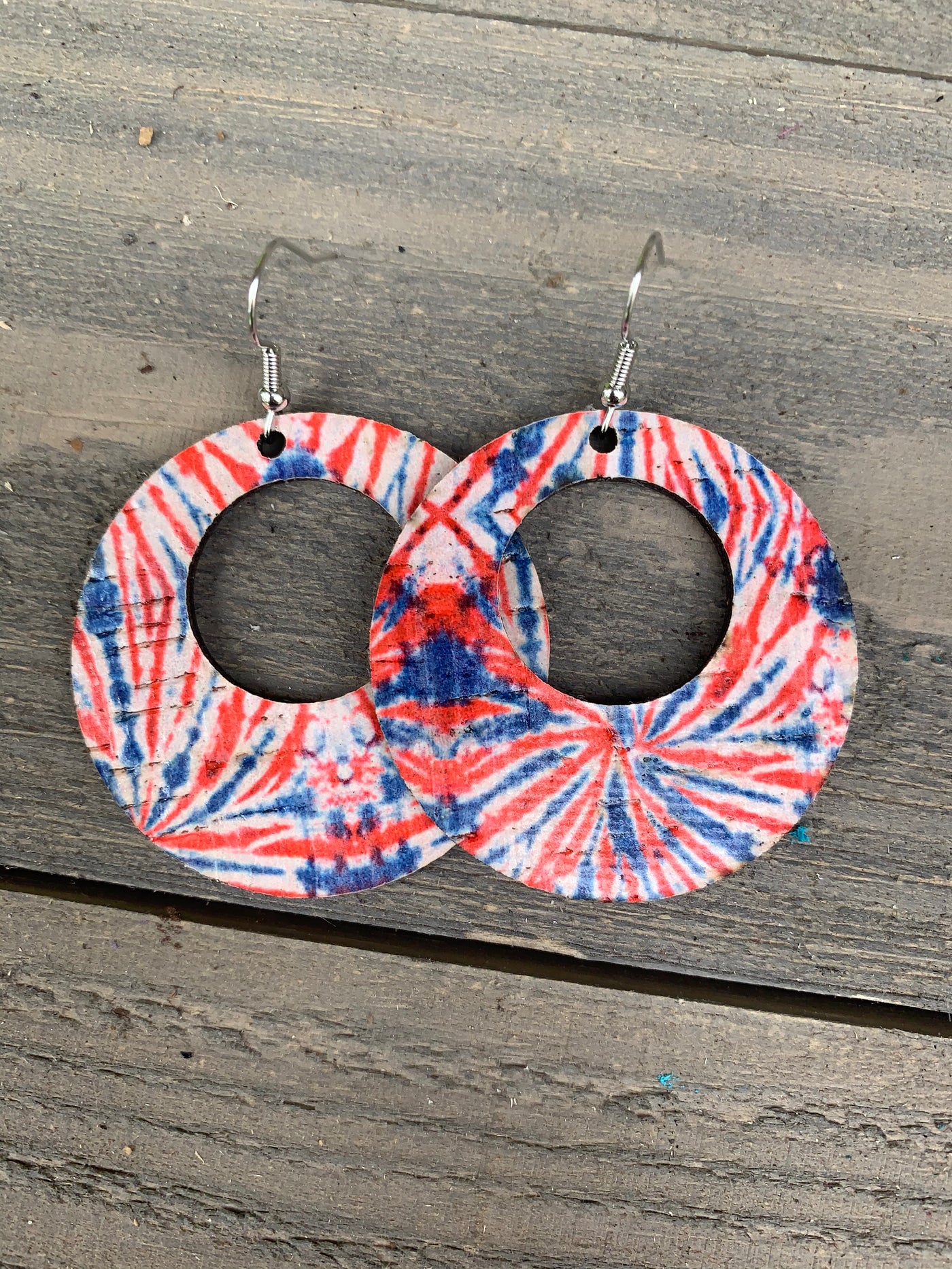 Red White and Blue Tie Dye Cork Hoop Earring - Jill's Jewels | Unique, Handcrafted, Trendy, And Fun Jewelry