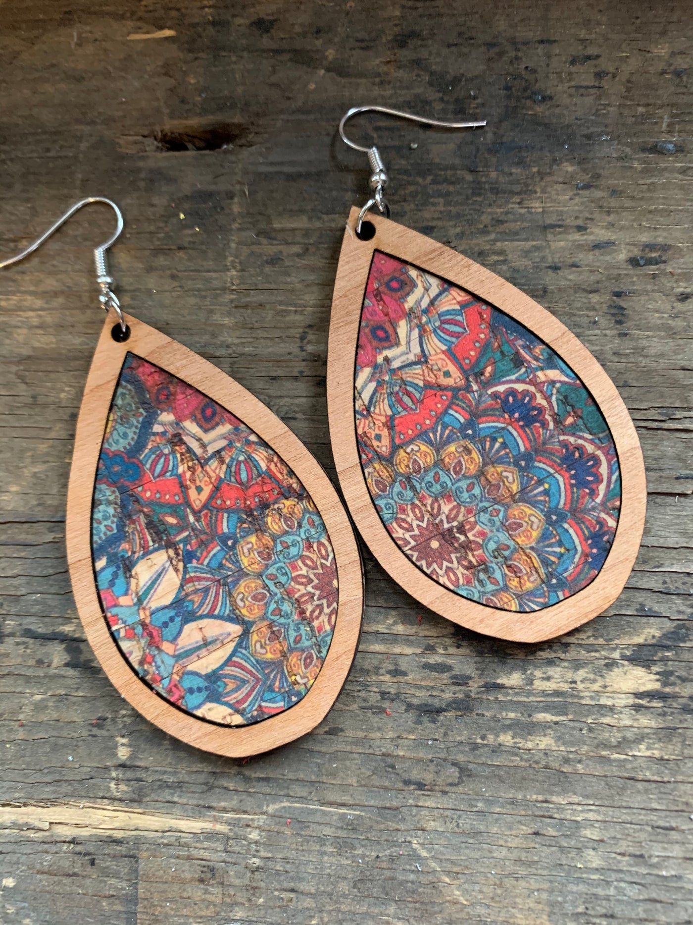 Blue and Coral Cork Stripe Wood Teardrop Earrings - Jill's Jewels | Unique, Handcrafted, Trendy, And Fun Jewelry