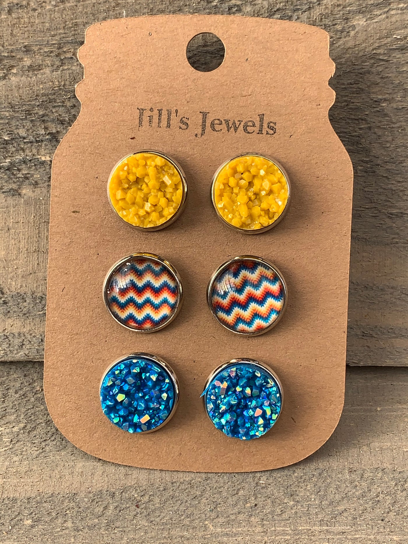 Yellow and Blue Chevron Faux Druzy Earring 3 Set - Jill's Jewels | Unique, Handcrafted, Trendy, And Fun Jewelry