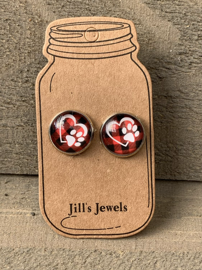 Buffalo Plaid Paw Print Stud Earrings - Jill's Jewels | Unique, Handcrafted, Trendy, And Fun Jewelry