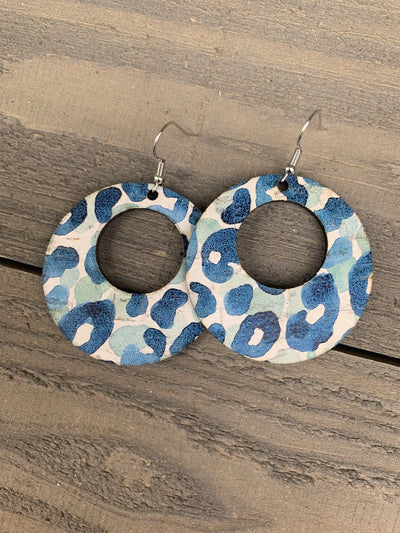Blue Watercolor Leopard Cork Hoop Earring - Jill's Jewels | Unique, Handcrafted, Trendy, And Fun Jewelry
