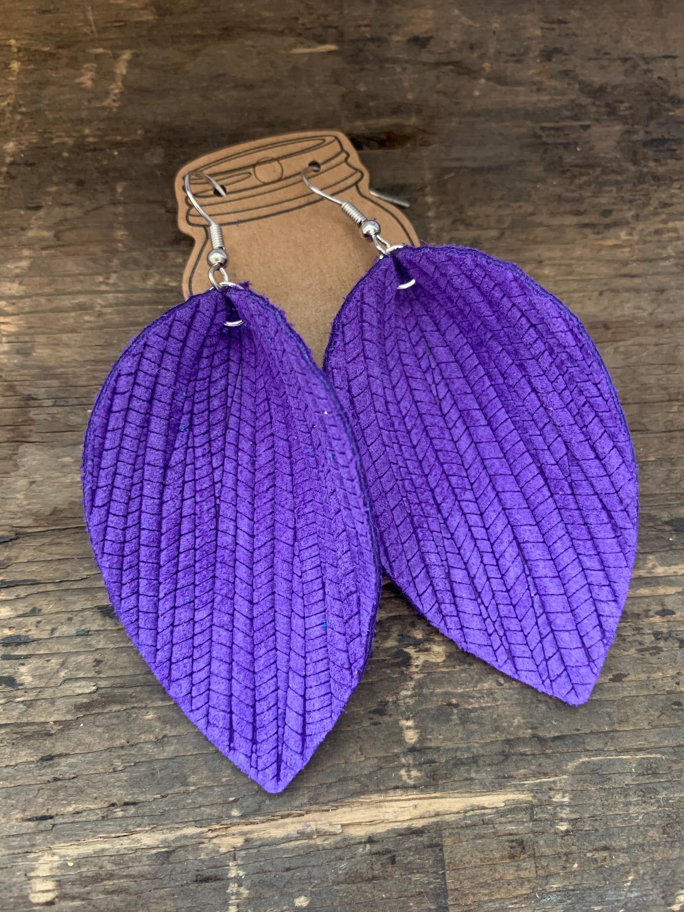Bright Purple Palm Leaf Leather Earrings - Jill's Jewels | Unique, Handcrafted, Trendy, And Fun Jewelry