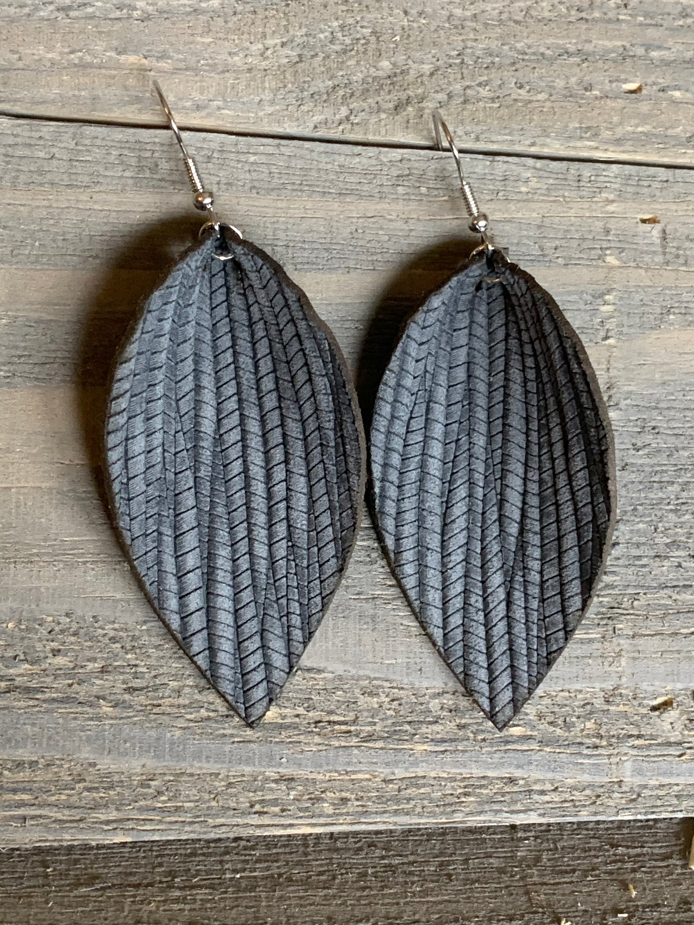 Grey Palm Leaf Patterned Leather Earrings - Jill's Jewels | Unique, Handcrafted, Trendy, And Fun Jewelry