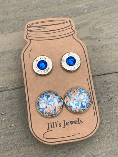 Blue and Yellow Floral 40 Caliber bullet earring set - Jill's Jewels | Unique, Handcrafted, Trendy, And Fun Jewelry