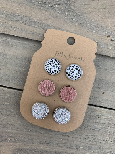 Cow Print Sliver and Rose Faux Druzy Earring 3 Set - Jill's Jewels | Unique, Handcrafted, Trendy, And Fun Jewelry