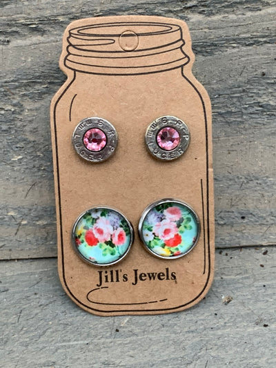 Mint Floral and Pink 9mm bullet earring set - Jill's Jewels | Unique, Handcrafted, Trendy, And Fun Jewelry
