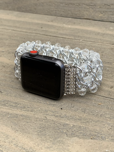 Clear Crystal and Silver Chain Beaded Stretch Smart Watch Band - Jill's Jewels | Unique, Handcrafted, Trendy, And Fun Jewelry