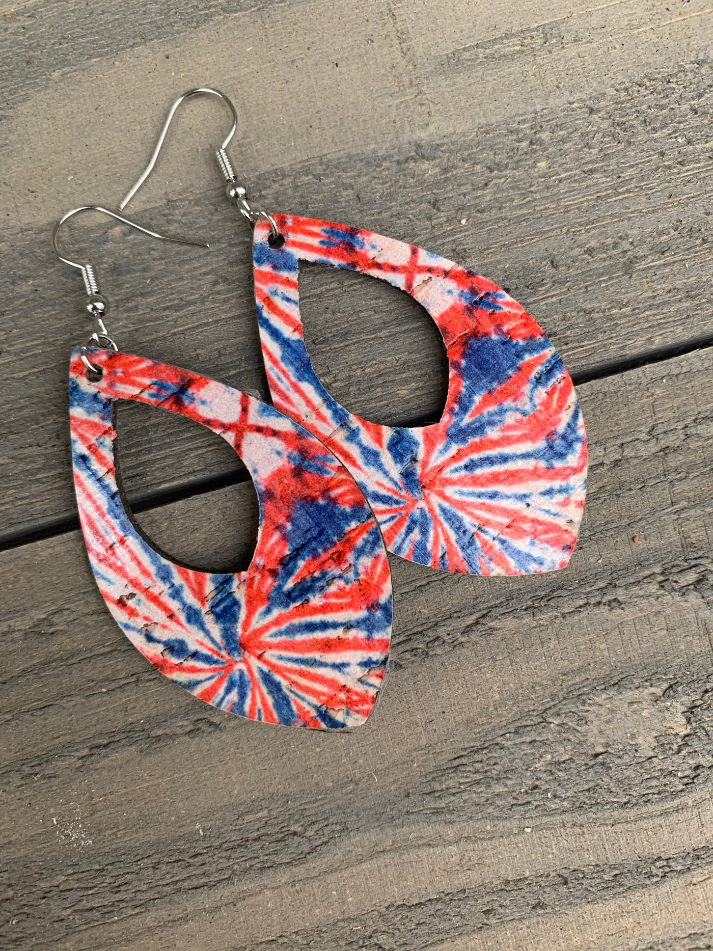 Red, white and blue Tie Dye Cork Teardrop Earring - Jill's Jewels | Unique, Handcrafted, Trendy, And Fun Jewelry
