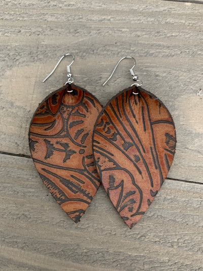 Saddle Brown Western Floral Leather Earrings - Jill's Jewels | Unique, Handcrafted, Trendy, And Fun Jewelry
