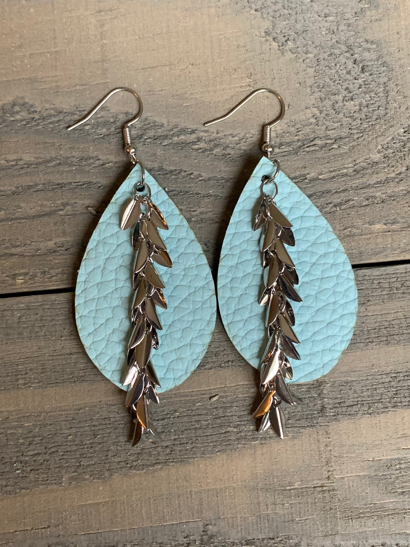 Baby Blue Leather Earrings with Silver Leaf Chain - Jill's Jewels | Unique, Handcrafted, Trendy, And Fun Jewelry