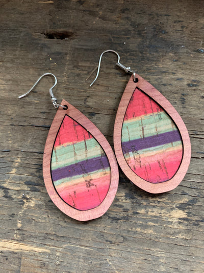 Coral Pink Purple and Green Stripe Wood Teardrop Earrings - Jill's Jewels | Unique, Handcrafted, Trendy, And Fun Jewelry