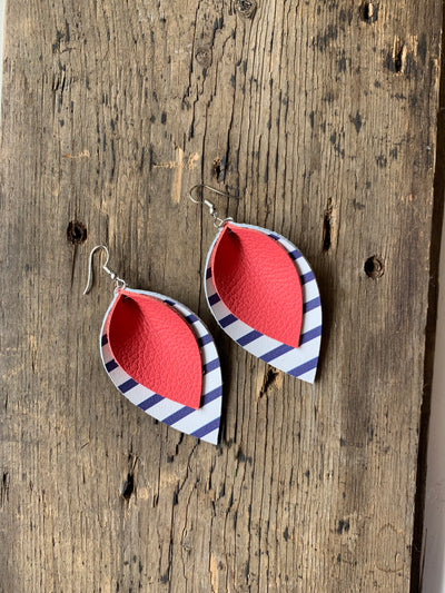 Coral Leather earrings with blue and white stripes - Jill's Jewels | Unique, Handcrafted, Trendy, And Fun Jewelry