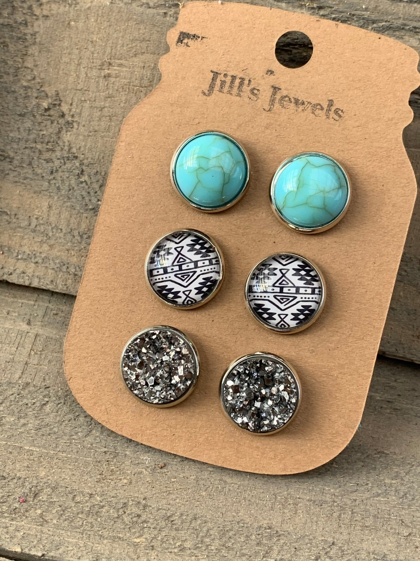 Black and White Aztec Turquoise Faux Druzy Earring 3 Set - Jill's Jewels | Unique, Handcrafted, Trendy, And Fun Jewelry