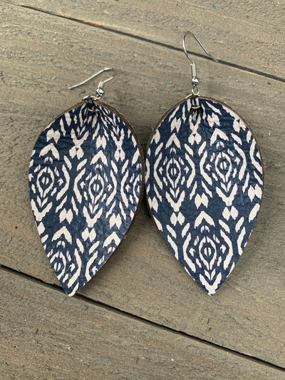 Navy and Cream Ikat Leather Earrings - Jill's Jewels | Unique, Handcrafted, Trendy, And Fun Jewelry