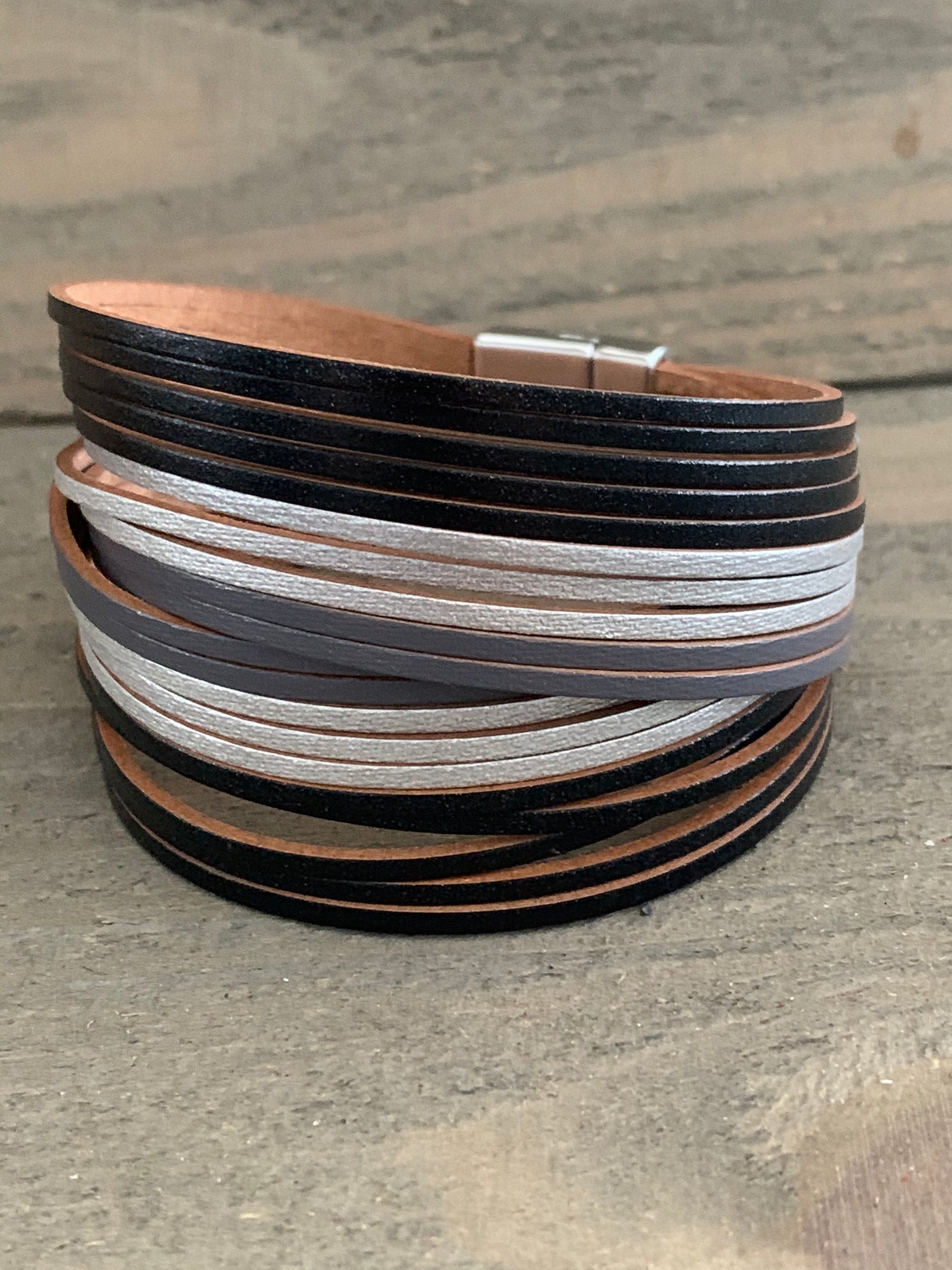 Black and Silver Leather Magnetic Bracelet - Jill's Jewels | Unique, Handcrafted, Trendy, And Fun Jewelry