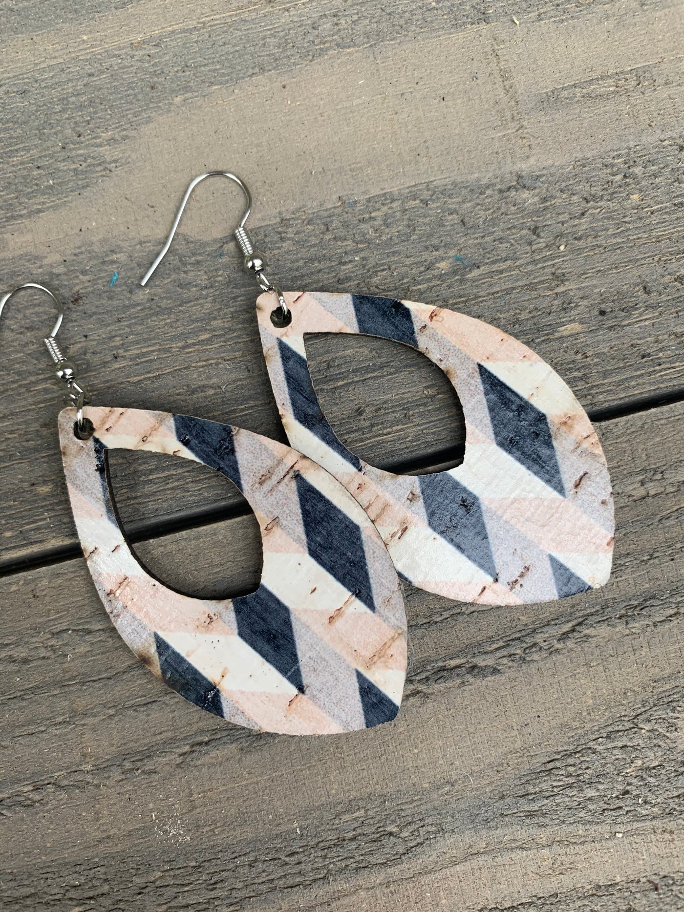 Black and Tan Chevron Cork Teardrop Earring - Jill's Jewels | Unique, Handcrafted, Trendy, And Fun Jewelry