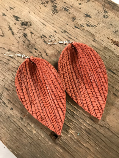 Cinnamon palm leaf textured leather earring - Jill's Jewels | Unique, Handcrafted, Trendy, And Fun Jewelry