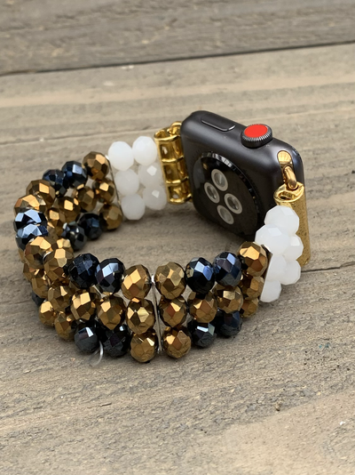 Gold, Gunmetal and White Crystal Beaded Stretch Smart Watch Band - Jill's Jewels | Unique, Handcrafted, Trendy, And Fun Jewelry