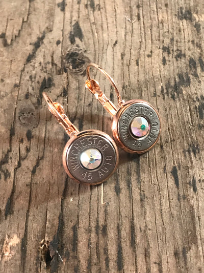 Rose gold lever back earrings with 45 Auto bullets - Jill's Jewels | Unique, Handcrafted, Trendy, And Fun Jewelry