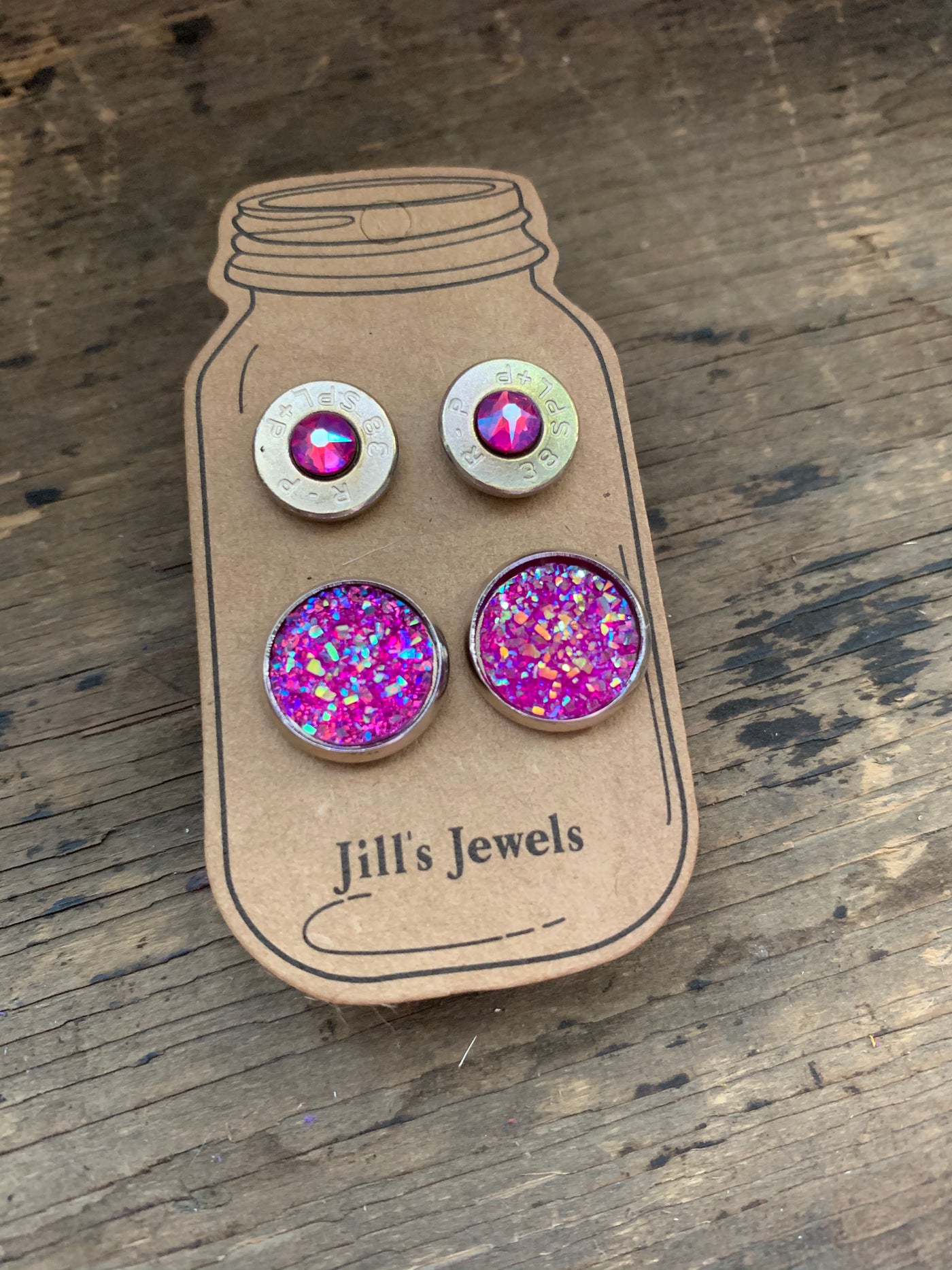 Pink Rainbow Druzy and 38 Special bullet earring set - Jill's Jewels | Unique, Handcrafted, Trendy, And Fun Jewelry