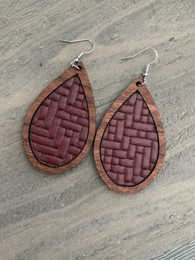 Maroon Red Leather Basket Weave and Wood Teardrop Earrings - Jill's Jewels | Unique, Handcrafted, Trendy, And Fun Jewelry