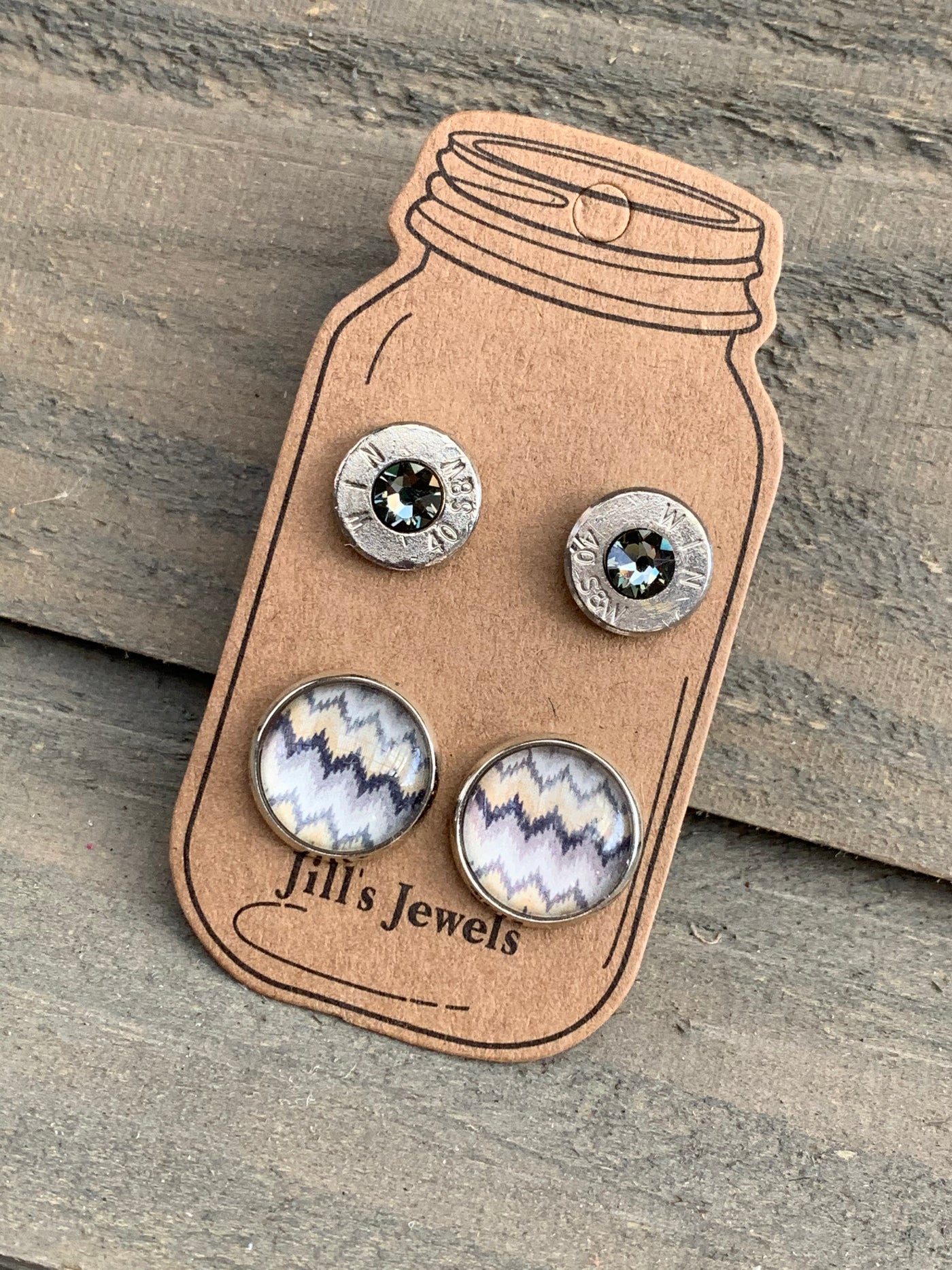 Yellow and Grey Chevron 40 Caliber bullet earring set - Jill's Jewels | Unique, Handcrafted, Trendy, And Fun Jewelry