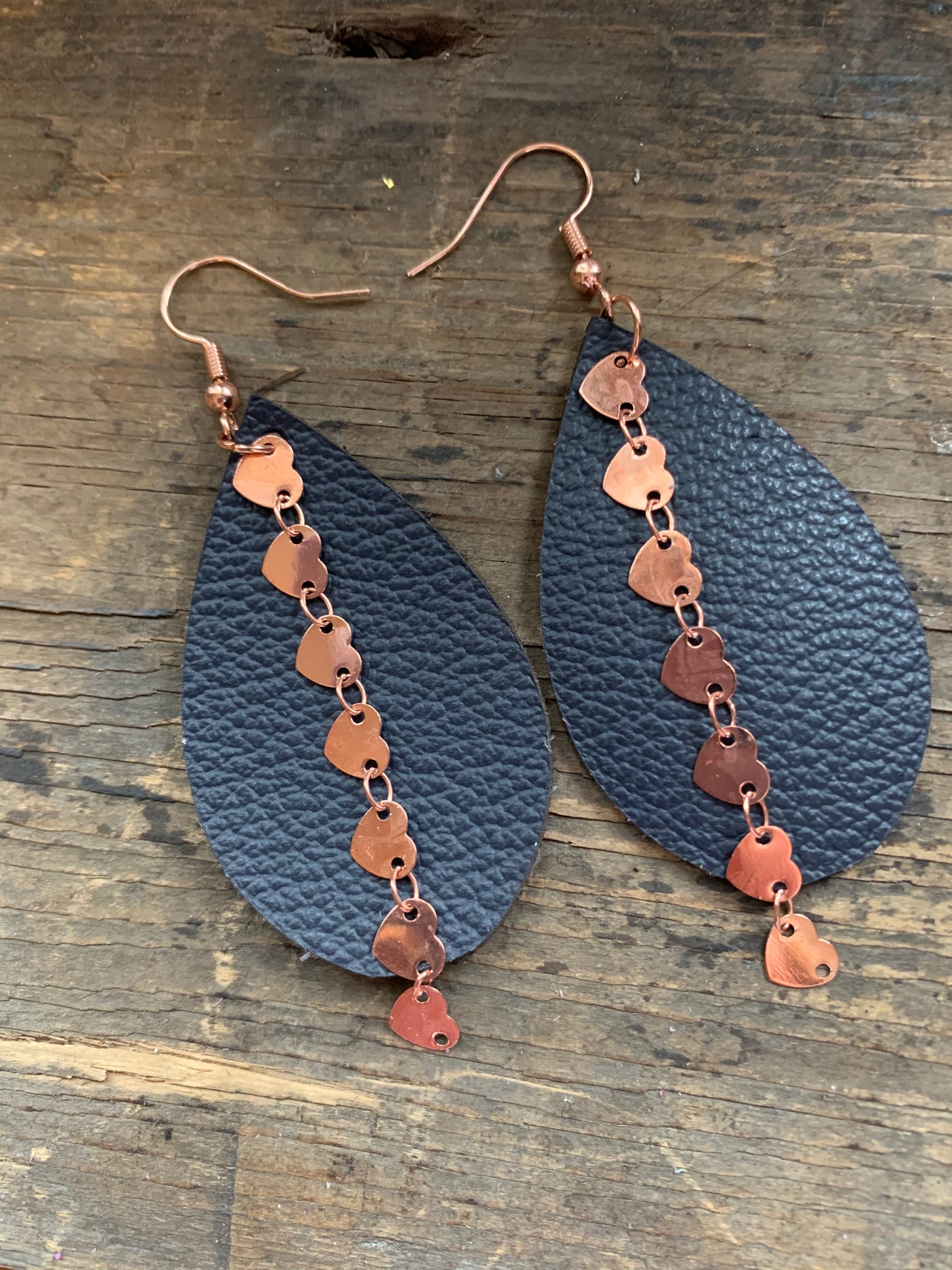 Navy Leather Earrings with Rose Gold Heart Chain - Jill's Jewels | Unique, Handcrafted, Trendy, And Fun Jewelry