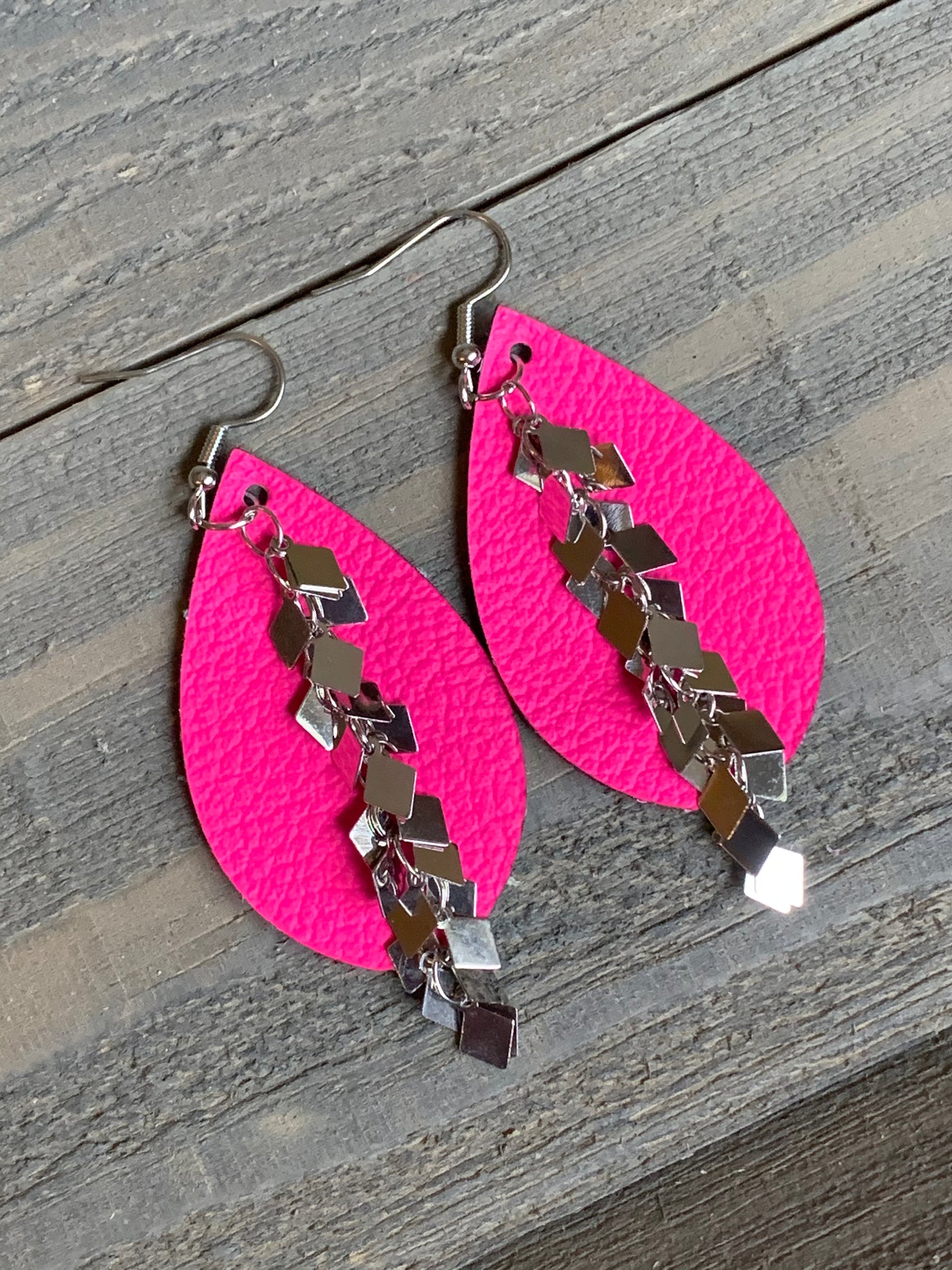 Neon Pink Leather Earrings with Silver Diamond Chain - Jill's Jewels | Unique, Handcrafted, Trendy, And Fun Jewelry