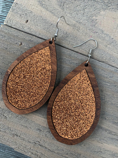 Copper Glitter and Wood Teardrop Earrings - Jill's Jewels | Unique, Handcrafted, Trendy, And Fun Jewelry