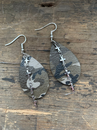 Camo Leather Earrings with Silver Cross Chain - Jill's Jewels | Unique, Handcrafted, Trendy, And Fun Jewelry