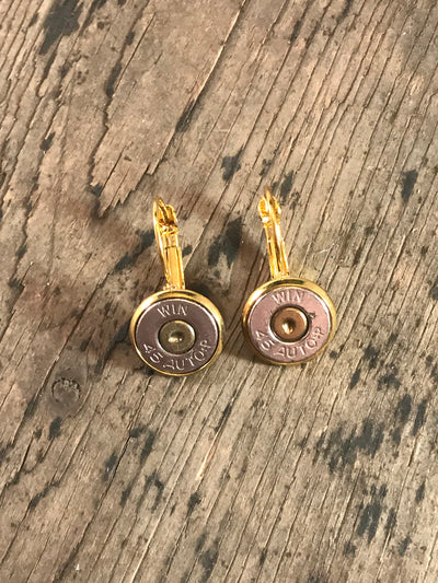 Gold lever back earrings with 45 Auto bullets - Jill's Jewels | Unique, Handcrafted, Trendy, And Fun Jewelry