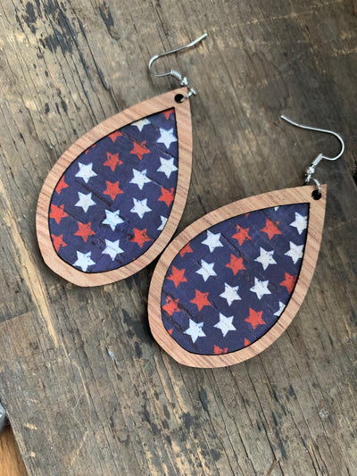 Red white and blue Star Cork Wood Teardrop Earrings - Jill's Jewels | Unique, Handcrafted, Trendy, And Fun Jewelry