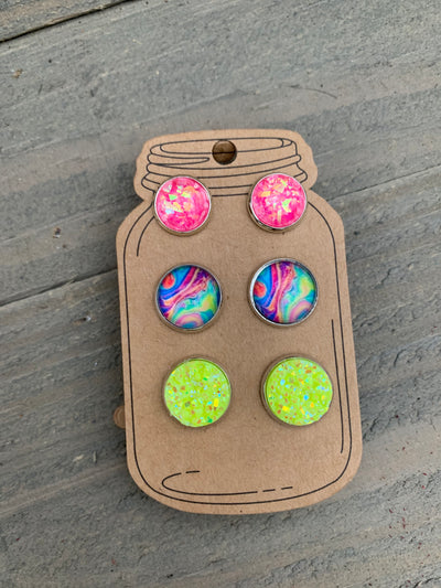 Neon Pink and Yellow Faux Druzy Earring 3 Set - Jill's Jewels | Unique, Handcrafted, Trendy, And Fun Jewelry