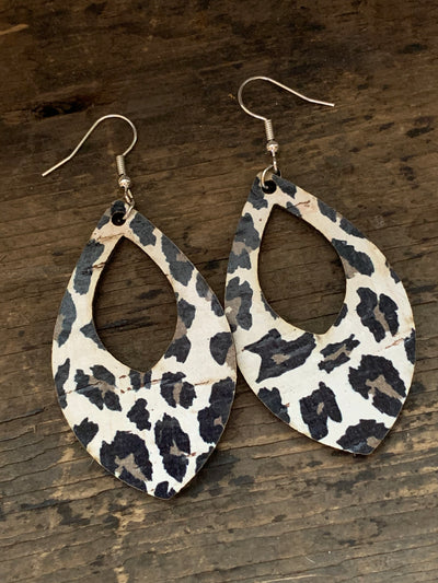 Grey and Black Leopard Print Cork Teardrop Earring - Jill's Jewels | Unique, Handcrafted, Trendy, And Fun Jewelry