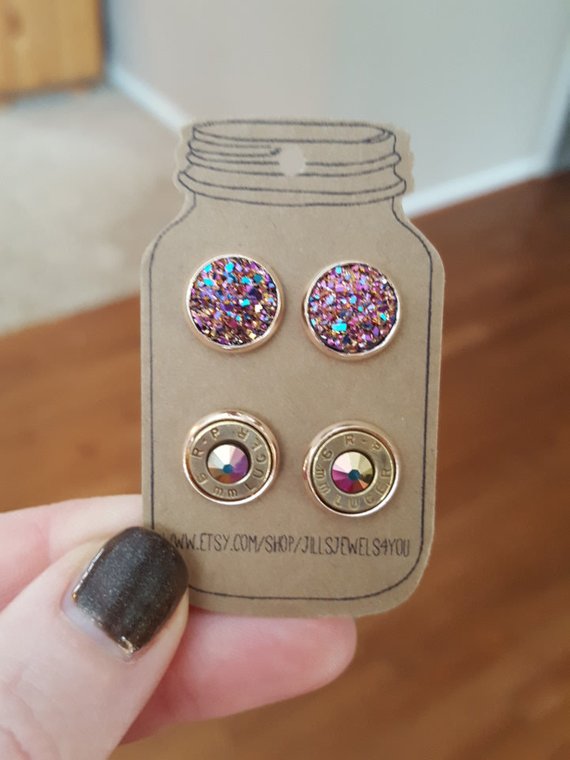 Druzy and Bullet Earrings- 9mm Rose Gold Rainbow - Jill's Jewels | Unique, Handcrafted, Trendy, And Fun Jewelry