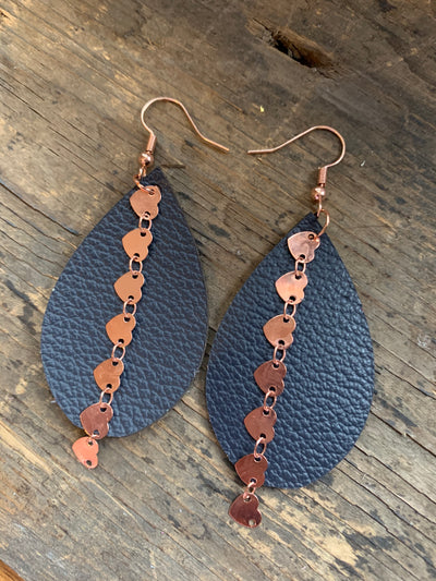 Navy Leather Earrings with Rose Gold Heart Chain - Jill's Jewels | Unique, Handcrafted, Trendy, And Fun Jewelry