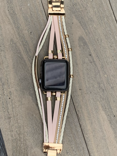 Cream and Rose Gold Multi Strand Leather Smart Watch Bracelet - Jill's Jewels | Unique, Handcrafted, Trendy, And Fun Jewelry