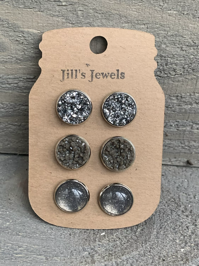 Army Green and Silver Faux Druzy Earring 3 Set - Jill's Jewels | Unique, Handcrafted, Trendy, And Fun Jewelry