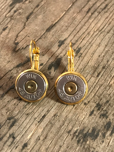 Gold lever back earrings with 45 Auto bullets - Jill's Jewels | Unique, Handcrafted, Trendy, And Fun Jewelry